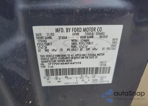 2006 Ford F150 Supercrew z USA, uszkodzony, nr VIN 1FTPW14546FA47319